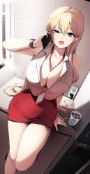 1girls alternate_version_available big_breasts blonde_hair blue_eyes breasts cleavage ddangbi looking_at_viewer no_bra office_lady original original_character solo solo_female tagme