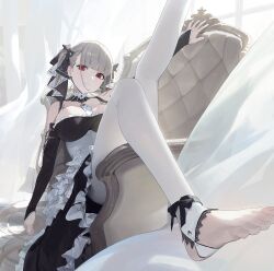 ankle_ribbon azur_lane bangs barefoot black_dress black_ribbon breasts bridal_gauntlets closed_mouth clothing couch dress eyebrows_visible_through_hair feet female foot_focus foot_out_of_frame foreshortening formidable_(azur_lane) frilled_dress frills grey_hair hair_ornament hair_ribbon head_tilt high_resolution jeonghee1414 kneepits large_breasts leg_ribbon leg_up legwear light_blush long_hair looking_at_viewer lying no_shoes on_back on_couch one_arm_up pantyhose red_eyes ribbon sitting solo stirrup_legwear tied_hair toeless_legwear toenails toes twintails very_long_hair white_legwear