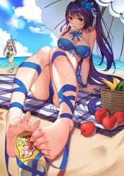 alternate_costume beach bikini black_hair cameltoe detailed_background feet foot_fetish honkai_impact leg_strap long_hair looking_at_viewer merchant91 necklace provocative raiden_mei red_eyes ribbon sitting smile toes water wet wristband