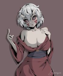 big_breasts blush cleavage demon_girl demon_slayer facial_markings fangs female female_only horns jannosie kimetsu_no_yaiba kimono mukago no_bra obi off_shoulder oni open_kimono pale-skinned_female pale_skin red_sclera sharp_fingernails short_hair silver_eyes solo white_hair