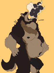 absurd_res anthro balls belly big_belly brown_body brown_fur canid canine canis duo feedthebeast fur genitals hand_on_stomach hi_res licantrox male mammal neck_bulge open_mouth oral_vore penis same_size_vore sharp_teeth stomach_bulge teeth vore were werecanid werecanine werewolf wolf yellow_body yellow_fur