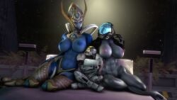 1boy 2girls 3d alien alien/human alien_girl ara_ara areolae athletic_female bed big_breasts breasts crossover female female_sangheili halo_(series) helmet huge_breasts human humanoid imminent_sex imminent_threesome interspecies light-skinned_male male male_human/female_alien male_human/female_humanoid mass_effect nipples pillow protoss rodler-h8 sangheili selendis starcraft