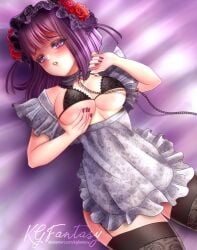 1girls blush bra female female_only kgfantasy laying_down laying_on_bed light-skinned_female pleasure_face purple_eyes purple_hair solo solo_female tagme touching_breast touching_own_breast