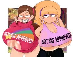 2girls aged_up big_breasts blonde_hair braces breasts_bigger_than_head brown_hair disney glitter gravity_falls huge_breasts mabel_pines middle_finger ota_(artist) pacifica_northwest peace_sign smile smooth_skin sweat sweater sweaty_breasts tank_top underboob underboob_cutout