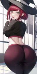 ai_generated ass danganronpa danganronpa_v3 female gym gym_uniform huge_ass looking_at_viewer looking_back midriff n.c.b_ai nai_diffusion open_mouth red_hair shortstack stable_diffusion witch_hat yoga_pants yumeno_himiko