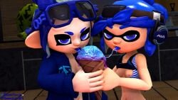 2girls 3d blue_eyes blue_hair breasts breasts_out chest convex_(freezerburn) dev_(freezerburn) freezerburnsfm glasses_on_head headgear ice_cream inkling inkling_girl licking melting_ice_cream octoling octoling_girl saliva saliva_string sfm source_filmmaker splatoon splatoon_2 tank_top_lift unzipped_jacket