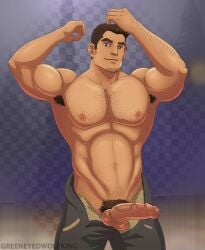 abs balls bandaid bandaid_on_face bara boner capcom dick_gumshoe erection facial_hair gay greeneyedwolfking gyakuten_saiban male male_only muscles muscular open_fly penis solo solo_male