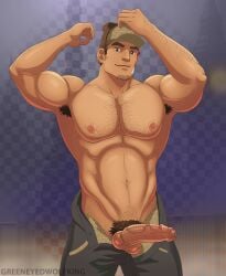 abs balls bandaid bandaid_on_face bara boner capcom dick_gumshoe erection facial_hair gay greeneyedwolfking gyakuten_saiban male male_only muscles muscular open_fly penis solo solo_male