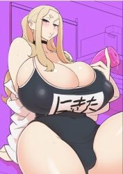 blonde_hair blush giant_breasts kakuzato looking_at_viewer milf sex_toy swimsuit thick_thighs