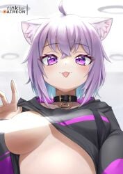 :p ahoge animal_ear_fluff animal_ears bangs black_hoodie blue_hair blush breasts cat_ears cat_girl colored_inner_hair crossed_bangs female from_below hand_up highres hololive hololive_gamers hololive_japan hood hoodie hoodie_lift large_breasts lifted_by_self light_censor lo_xueming long_sleeves looking_at_viewer medium_hair multicolored_hair nekomata_okayu purple_eyes purple_hair solo tongue tongue_out virtual_youtuber