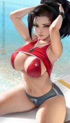 1girls 2020s 2022 artist_name bikini_top black_eyes black_hair booty_shorts breasts cleavage clothed dolphin_shorts female female_only hips huge_breasts large_breasts lifeguard light-skinned_female light_skin looking_at_viewer meekohopanes momo_yaoyorozu my_hero_academia naughty_face pale-skinned_female pale_skin ponytail red_bikini_top short_shorts shorts slim_waist smile solo suggestive_look thick_lips thick_thighs thighs top_lift two_tone_bottomwear two_tone_bottomwear_(greyandwhite) watermark whistle whistle_around_neck wide_hips