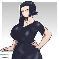 1girls 2022 areola areola_bulge big_breasts black_dress black_hair bob_cut breasts dress female female_focus gigantic_breasts gradient_background half-closed_eyes hand_on_hip hand_on_table huge_breasts kaxiota looking_at_viewer no_bra oc original original_character pale-skinned_female short_hair solo solo_focus table top_heavy white_border