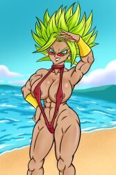 1girls abs areolae armpits beach bikini blue_eyes dragon_ball dragon_ball_super female female_only female_saiyan green_hair kale kale_(berserker) legendary_super_saiyan lipstick looking_over_eyewear looking_over_glasses looking_over_sunglasses muscular red-tinted_eyewear saiyan solo sunglasses super_saiyan super_saiyan_2 superspacewarrior tan_body tinted_eyewear universe_6 universe_6/universe_7 wizkid28