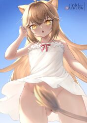 :o absurdres animal_ears bangs bare_arms blonde_hair blue_background blush crossed_bangs dress female from_below gluteal_fold hair_between_eyes halterneck highres indie_virtual_youtuber lion_ears lion_girl lion_tail lo_xueming long_hair looking_at_viewer no_panties oerba_yun_fang rurudo_lion solo tail tail_censor virtual_youtuber white_dress yellow_eyes