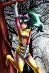 blue_no._1 green_hair hanging_from_branch mazinger_angel ninja_san oka_megumi pantyshot shy teal_hair upskirt voltes_v yellow_boots