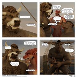 1:1 3d_(artwork) absurd_res blender_(disambiguation) bovid bovine buru_(buruthebull) buruthebull cattle comic dialogue digital_media_(artwork) english_text felid flaccid flynn_(maxwellshiba) genitals group hi_res lunjy_(maxwellshiba) male male/male mammal maxwellshiba pantherine penis scalie ship text trio vehicle watercraft