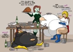 3girls barbara_gordon batgirl batman_(series) belly belly_button belly_stuffing big_belly big_breasts bloated_belly blonde_hair blubberwhale_(artist) blue_eyes boated breasts burp burping cleavage dc dc_comics dialogue empty_plates female female_only food food_stains force_feeding green_skin huge_belly kara_zor-l karen_starr large_breasts long_hair massive_belly navel orange_hair pamela_isley plate plates poison_ivy power_girl red_hair short_hair stuffed stuffed_belly stuffing table text torn_clothes weight_gain