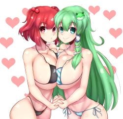 2girls asymmetrical_docking big_breasts heart komachi_onozuka norori sanae_kochiya tagme touhou yuri