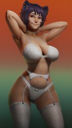 1girl 1girls 3d adult adult_female amber_eyes apulaz armpit armpits arms_up ass_visible_through_thighs big_breasts black_hair blue_background breasts cameltoe cat_ears catgirl choker cleavage crossbowpussycat curvy curvy_figure faunus female female_only garter_belt hourglass_figure huge_breasts kali_belladonna large_breasts light-skinned_female light_skin lingerie married_woman medium_hair milf multicolored_background no_sex panties pose rainbow_background realistic_breast_size realistic_proportions red_background rwby sagging_breasts short_hair slim_waist solo solo_female stockings thick_thighs voluptuous white_lingerie white_panties