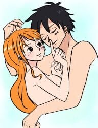 1boy 1boy1girl 1girls artist_request black_hair blush breasts cleavage couple efu_lunamilk female hug hugging long_hair lying_on_side male monkey_d_luffy nami nose_boop nude one_piece orange_hair playful post-timeskip romantic scar short_hair sleeping sleeping_together smile wholesome