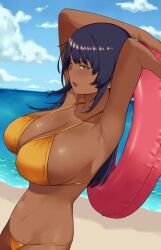 1girls 2022 arms_behind_head arms_up beach bikini black_hair blue_sky breasts cloud dark-skinned_female dark_skin day female female female_only from_side hai_ookami holding holding_innertube innertube large_breasts long_hair ocean oerba_yun_fang open_mouth original outdoors red_innertube sand sideways_glance sky solo solo_female standing string_bikini swimsuit yellow_bikini yellow_eyes