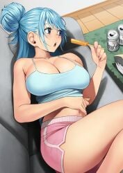 alternate_costume aqua_(konosuba) bag_of_chips beer_can blue_camisole blue_eyes blue_hair breasts camisole can cleavage collarbone commentary_request commission couch dolphin_shorts facing_to_the_side female fingernails highres holding_ice_cream ice_cream_bar izawa_(bhive003) kono_subarashii_sekai_ni_shukufuku_wo! large_breasts long_hair lying midriff navel on_couch open_mouth pink_shorts short_shorts shorts skeb_commission solo