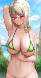 :p areola_slip arm_behind_head arm_up armpits bangs beach bikini bikini_top_only blonde_hair blue_sky blurry blurry_background blush bottomless breasts cleavage cloud collarbone day female female grass green_bikini groin highres large_breasts lomocya long_hair looking_at_viewer micro_bikini navel nose_blush original out-of-frame_censoring outdoors palm_tree pink_eyes skindentation sky solo standing stomach straight_hair string_bikini swimsuit tongue tongue_out tree very_long_hair wet