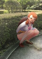 1girls a0midori aomidori backpack blush hojo_karen idolmaster idolmaster_cinderella_girls orange_hair outside peeing peeing_on_floor school_uniform skirt skirt_lift soxkyo squatting urination urine