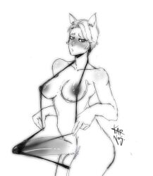 1futa 2020 animal_ears big_breasts big_penis breasts clothed clothing erection erection_under_clothes futa_only futanari huge_cock humanoid humanoid_penis ineffective_clothing karnos kemonomimi monochrome mostly_nude penis sketch solo standing tenting