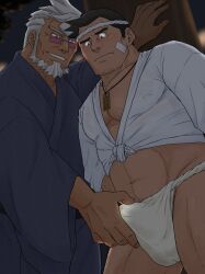 2boys balls bandaid bandaid_on_face bara boner bulge capcom damon_gant dick_gumshoe erection facial_hair fundoshi gay gyakuten_saiban hima_hawa kimono looking_over_eyewear looking_over_glasses looking_over_sunglasses male male_only muscles muscular penis pink-tinted_eyewear questionable_consent sunglasses tinted_eyewear touching_penis underwear white_underwear yaoi