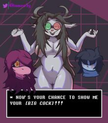 absurd_res alternate_universe ambiguous_gender anthro antlers big_breasts black_hair breasts capreoline cervid deltarune english_text eyewear eyewear_only female glasses glasses_only grey_body group hair hi_res horn human iamzoey kris_(deltarune) mammal multicolored_eyewear multicolored_glasses navel nipples noelle_holiday nude peach_pussy reindeer scalie spamelle susie_(deltarune) text text_box trio two_tone_eyewear two_tone_glasses undertale_(series) video_games watermark