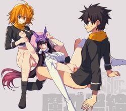 1boy 2girls arm_grab bisexual bisexual_female black_hair censored clothed_sex commentary_request fate/grand_order fate_(series) female fujimaru_ritsuka_(female) fujimaru_ritsuka_(male) highres long_hair multiple_girls no_panties orange_hair osakabe-hime_(fate) sex tajima_yoshikazu thighhighs vaginal_penetration