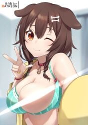 ;) animal_ears bangs blue_bra blush bone_hair_ornament bra bra_pull braid breasts brown_hair clothes_pull commentary dog_ears dog_girl female hair_between_eyes hair_ornament highres hololive hololive_gamers hololive_japan inugami_korone jacket large_breasts light_censor lo_xueming long_hair long_sleeves nail_polish off_shoulder one_breast_out one_eye_closed open_clothes open_jacket red_eyes selfie smile solo twin_braids underwear upper_body v virtual_youtuber yellow_jacket yellow_nails