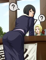 2022 2girls ? ass ass_focus ass_in_dress assistant bent_over big_ass black_hair blonde_hair dat_ass desk female female_focus female_only forehead_jewel forehead_mark from_behind glass hokage hokage_office holding_object kimono long_hair looking_at_viewer looking_back multiple_girls naruto naruto_(classic) naruto_(series) naruto_shippuden orange_eyes panties panties_visible_through_clothing pink_lips presenting presenting_ass round_ass secretary shizune shounen_jump sitting speech_bubble standing tablet teacher_and_student tsunade twintails