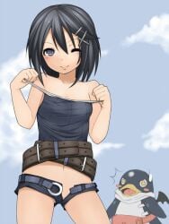 asagi_asagiri asagi_asagiri_(prinny) black_hair disgaea kochiya_(gothope) light-skinned_female makai_wars nippon_ichi_software prinny prinny_2:_dawn_of_operation_panties_dood short_shorts stripping tank_top undressing unzipped_shorts wink