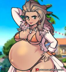 1girls arms_behind_back belly big_belly big_breasts bikini breasts brown_hair cleavage dark-skinned_female dark_skin female green_eyes hand_on_hip pokemon pokemon_sv pregnant professor_sada_(pokemon) solo_female thatguyusojin thick_thighs