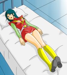 anyov3 blush boots combattler_v denimuso green_hair hospital_bed looking_away lying_down lying_on_back lying_on_bed medical nanbara_chizuru open_mouth panties teal_hair thighs yellow_boots