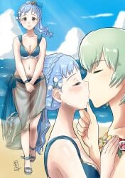 1boy 1girls alternate_costume alternate_hairstyle beach bikini blue_bikini blue_hair blue_swimsuit breasts brown_eyes byleth_(fire_emblem) byleth_(fire_emblem)_(male) chin_grab cleavage female female_focus fire_emblem fire_emblem:_three_houses fire_emblem_heroes kissing looking_at_viewer male marianne_von_edmund mario_(series) medium_breasts nintendo ocean official_alternate_costume onikagura_(artist) outdoors piranha_plant ponytail sandals sarong see-through smile solo_focus swimsuit translucent_clothing walking water