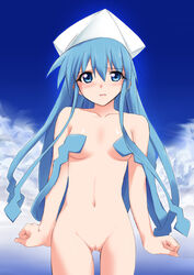 blue_eyes blushing collarbone covering_breasts embarrassed ikamusume kaiga looking_at_viewer nude nude_female pointy_chin shinryaku!_ikamusume squid_girl tagme