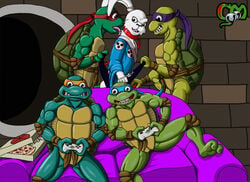 5boys anal cobra_mcjingleballs dog_collar donatello furry gay leonardo licking male_only michelangelo miyamoto_usagi miyamoto_usagi_(tmnt_2003) muscles partially_clothed penetration rabbit rabbit_boy raphael skirt smile teenage_mutant_ninja_turtles tmnt_2003 turtle usagi_yojimbo what white_fur