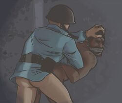 2boys 2d against_wall barely_visible_balls bleeding blood bottomless bruises cmnm dark-skinned_male demoman demoman_(team_fortress_2) eye_patch fucked_from_behind gag gagged hand_on_head hands_behind_back hands_tied helmet human human_male human_only implied_anal implied_penetration implied_rape injury male male_only nude_male pants_removed questionable_consent soldier soldier_(team_fortress_2) team_fortress_2 watch_cap yaoi