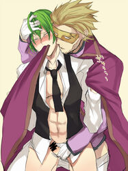 blazblue blonde_hair gay green_hair hazama mask_on_head relius_clover tagme yaoi yellow_eyes