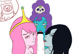 1boy 3girls adventure_time artist_request black_eyes black_hair blue_skin cartoon_network finn_the_human grey_skin jungle_princess marceline penis_lick pink_eyes pink_hair pink_skin princess_bubblegum purple_hair yellow_eyes