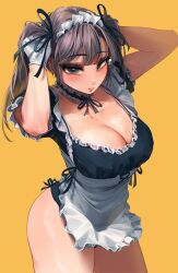 1girls 2022 alternate_version_available big_breasts blush breasts cleavage female frilled_apron frilled_dress frilled_hairband frilled_headwear frilled_sleeves hakushoku_n looking_at_viewer maid maid_apron maid_headdress maid_outfit maid_uniform solo standing thick_thighs thighs