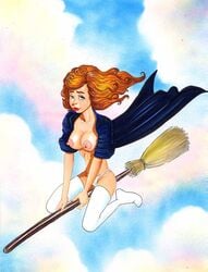 1girls barry_blair broom broom_riding casual clothing female flying flying_broom harry_potter hermione_granger human legwear nude outerwear pale_skin red_hair