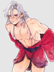 alternate_costume ambush_(trap) annoyed bikini blush demon_slayer frown frustrated hair_down kimetsu_no_yaiba kimono kyu_717 male male_only micro_bikini muscular muscular_male no_eyebrows obi open_kimono red_eyes silver_hair solo string_bikini sweat swimsuit undressing uzui_tengen white_bikini