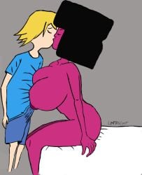 adventure_time afro age_difference artist_name artist_signature bed big_breasts black_hair blonde blonde_hair blue_shirt breasts bulge bulge_through_clothing cartoon_network closed_eyes clothed_male clothed_male_nude_female crossover crystal_gem dark_hair erection erection_under_clothes eyes_closed finn_the_human garnet_(steven_universe) gem gem_(species) gem_fusion gray_background grey_background height_difference interspecies kissing large_breasts limpbiscuit lips magenta_skin making_out multiversus nipples nude nude_female ring short_hair signature signed simple_background simple_coloring sitting sitting_down sitting_on_bed steven_universe wedding_ring wrinkles_in_clothes