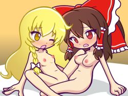 2girls blonde_hair braid brown_eyes chibi furii_(artist) headwear lesbian light-skinned_female looking_at_partner looking_pleasured marisa_kirisame medium_breasts multiple_girls nude puyo_puyo_artstyle reimu_hakurei simple_background small_breasts touhou tribadism witch yuri