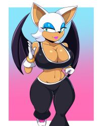 1girls bat_wings big_breasts breasts busty child_bearing_hips cleavage curvy female female_only highres hips iggy-bomb large_breasts legs lipstick makeup midriff navel pants pink_lips rouge_the_bat sega smile solo sonic_(series) sports_bra sportswear thick_thighs thighs toned voluptuous wide_hips wings