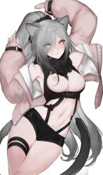 animal_ears arknights arm_up bangs bare_shoulders black_scarf black_shorts breasts cat_ears cat_tail cleavage commentary cowboy_shot crop_top eyes_visible_through_hair female female grey_jacket hair_over_one_eye hand_up highres jacket large_breasts long_hair long_sleeves looking_at_viewer midriff mmmegh navel nipples off_shoulder open_clothes open_jacket parted_lips puffy_sleeves scarf schwarz_(arknights) short_shorts shorts silver_hair solo stomach tail thigh_strap thighs transparent_background very_long_hair yellow_eyes